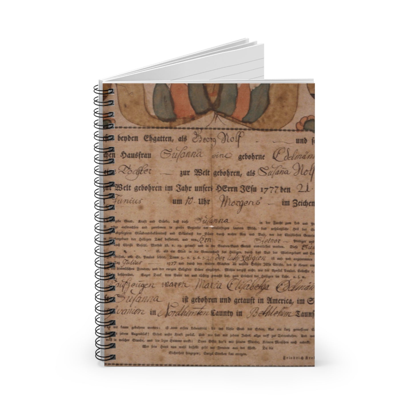 Frakturs illumination - George Nolf, Pennsylvania Spiral Bound Ruled Notebook with Printed Cover