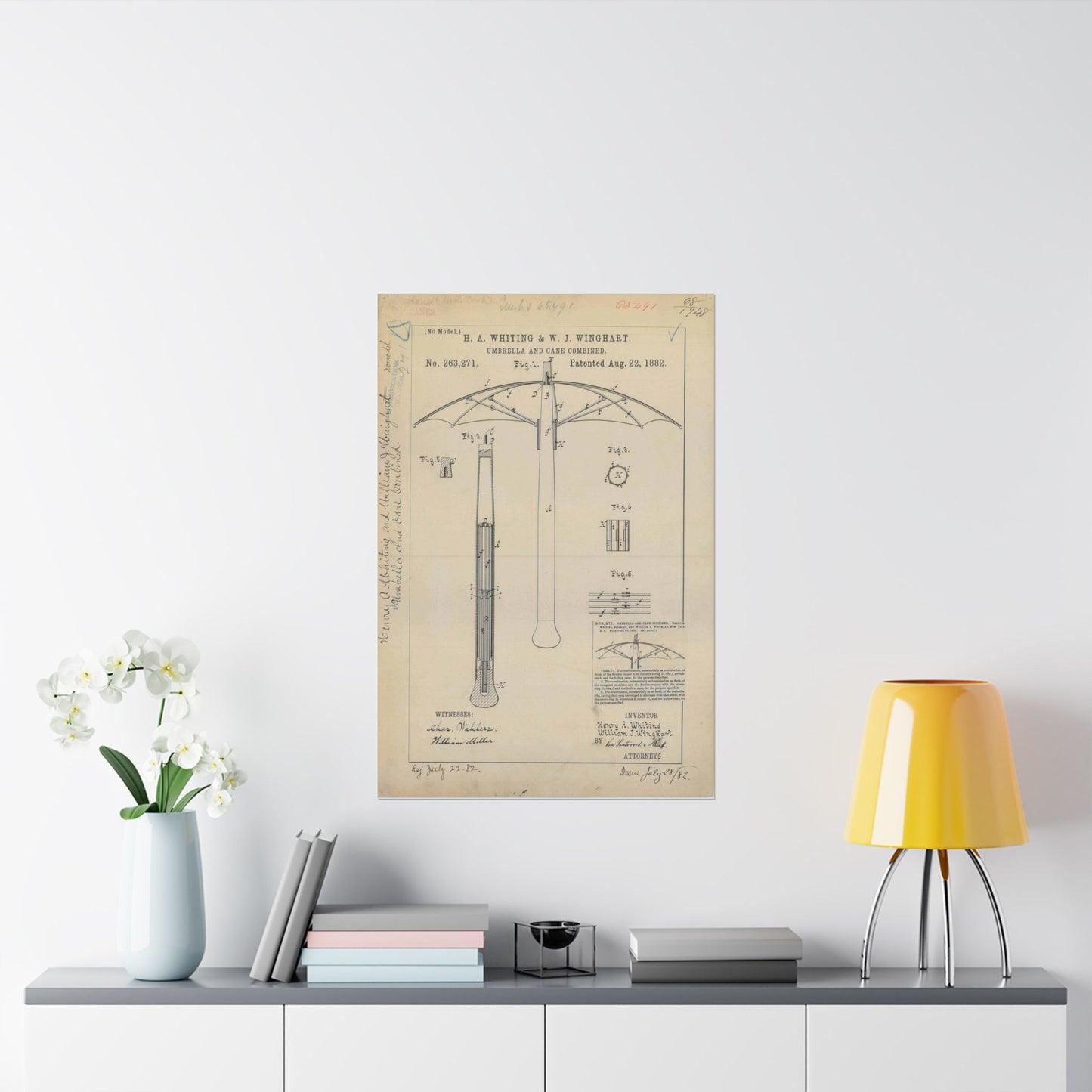 Patent drawing - for H. A. Whiting and W. J. Winghart's Umbrella and Cane Combined Public domain  image High Quality Matte Wall Art Poster for Home, Office, Classroom
