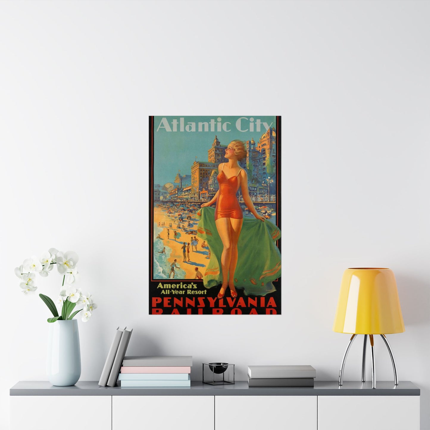 Atlantic City— America’s All-Year Resort, Pennsylvania Railroad, painting by Edward Mason Eggleston High Quality Matte Wall Art Poster for Home, Office, Classroom