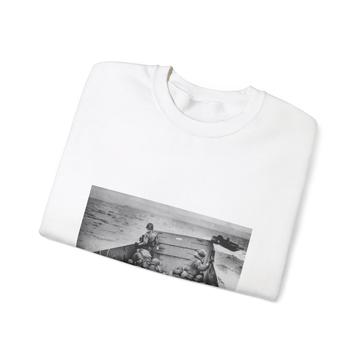 Photograph of Soldiers Crouching Behind the Bulwarks of a Coast Guard Landing Barge White Heavy Blend Adult Crew Neck SweatShirt