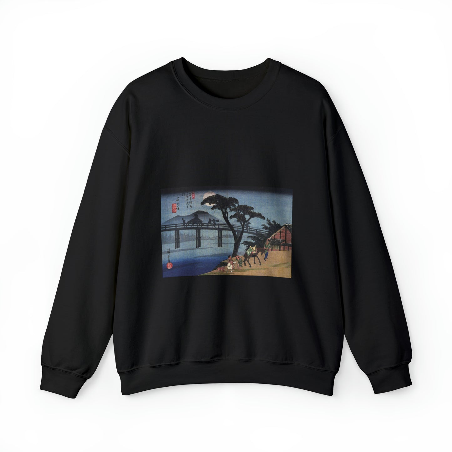 Hiroshige Man on horseback crossing a bridge Black Heavy Blend Adult Crew Neck SweatShirt