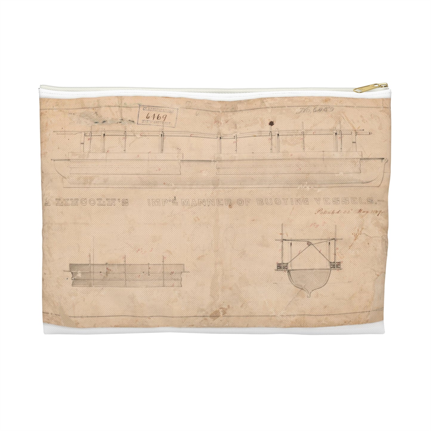 Patent drawing - Abraham Lincoln's  for Improved Manner of Buoying Vessels Public domain  image Large Organizer Pouch with Black Zipper