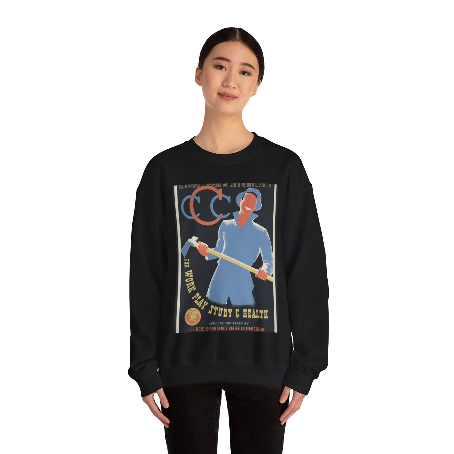 A young man's opportunity for work, play, study & health / Bender ; made by Illinois WPA Art Project, Chicago. Black Heavy Blend Adult Crew Neck SweatShirt