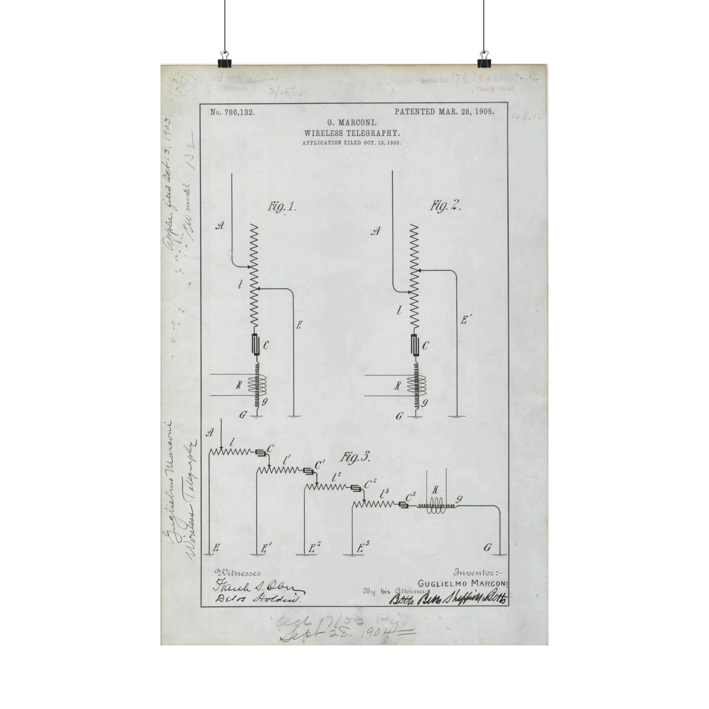 Patent drawing - for G. Marconi's Wireless Telegraphy Public domain  image High Quality Matte Wall Art Poster for Home, Office, Classroom