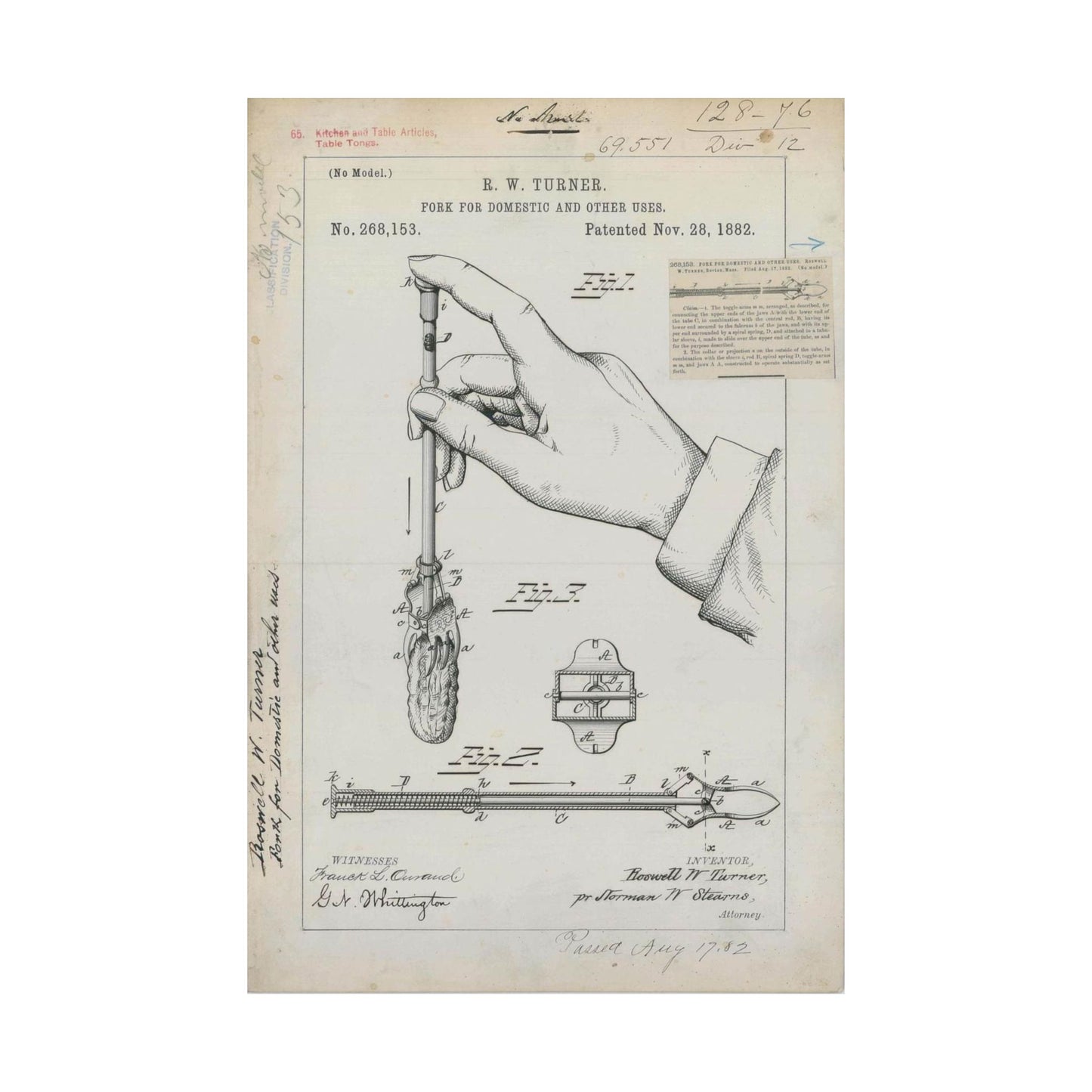 Patent drawing - for R. W. Turner's Fork for Domestic and Other Uses Public domain  image High Quality Matte Wall Art Poster for Home, Office, Classroom