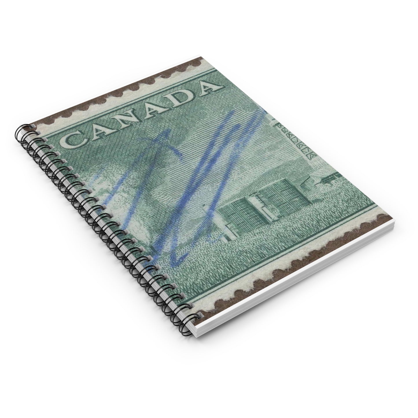 Frimärke ur Gösta Bodmans filatelistiska motivsamling, påbörjad 1950.Frimärke från Canada, 1950. Motiv av petroleumutvinning i Alberta. Spiral Bound Ruled Notebook with Printed Cover