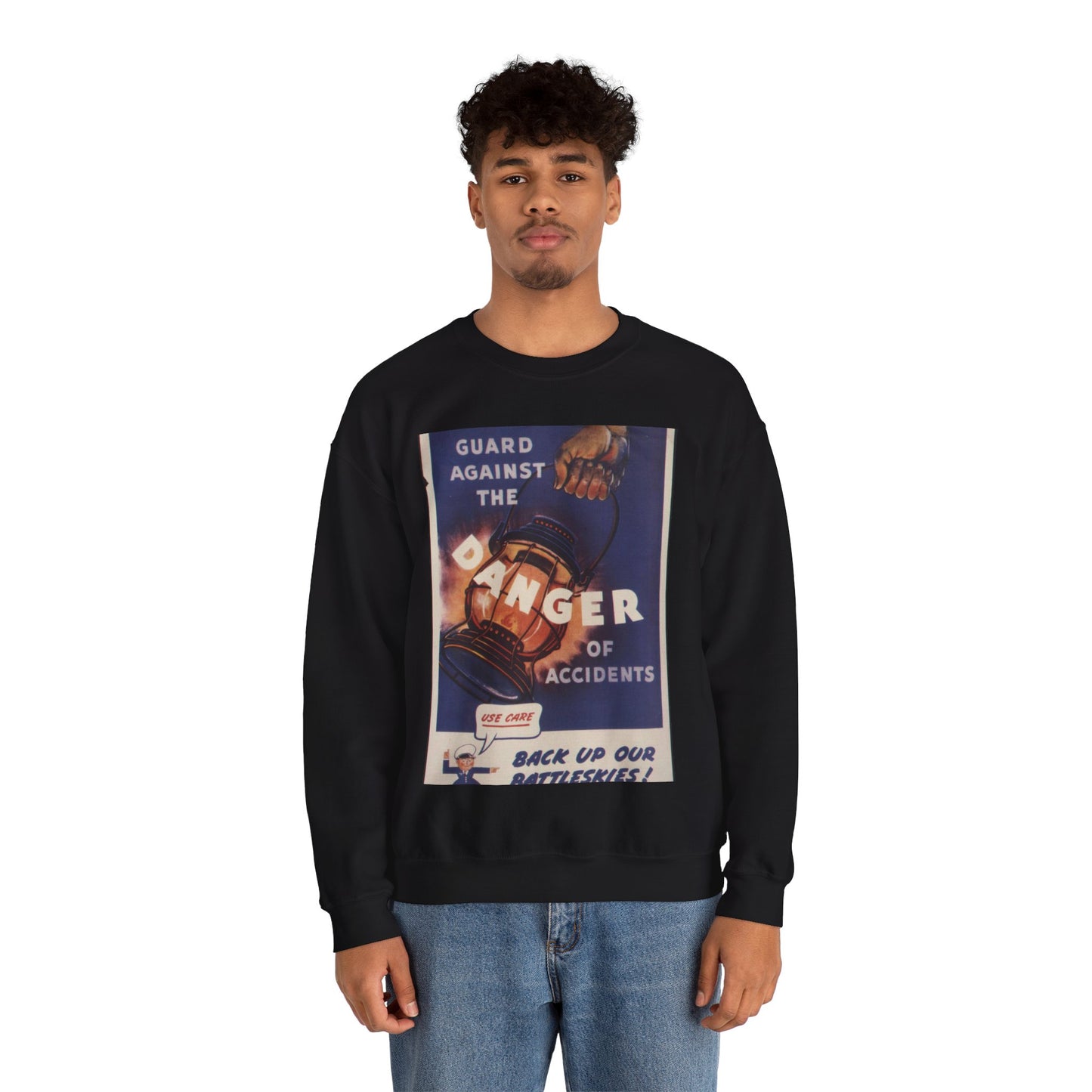 Guard against the danger of accidents. Back up our battleskies^ - NARA - 535358 Black Heavy Blend Adult Crew Neck SweatShirt