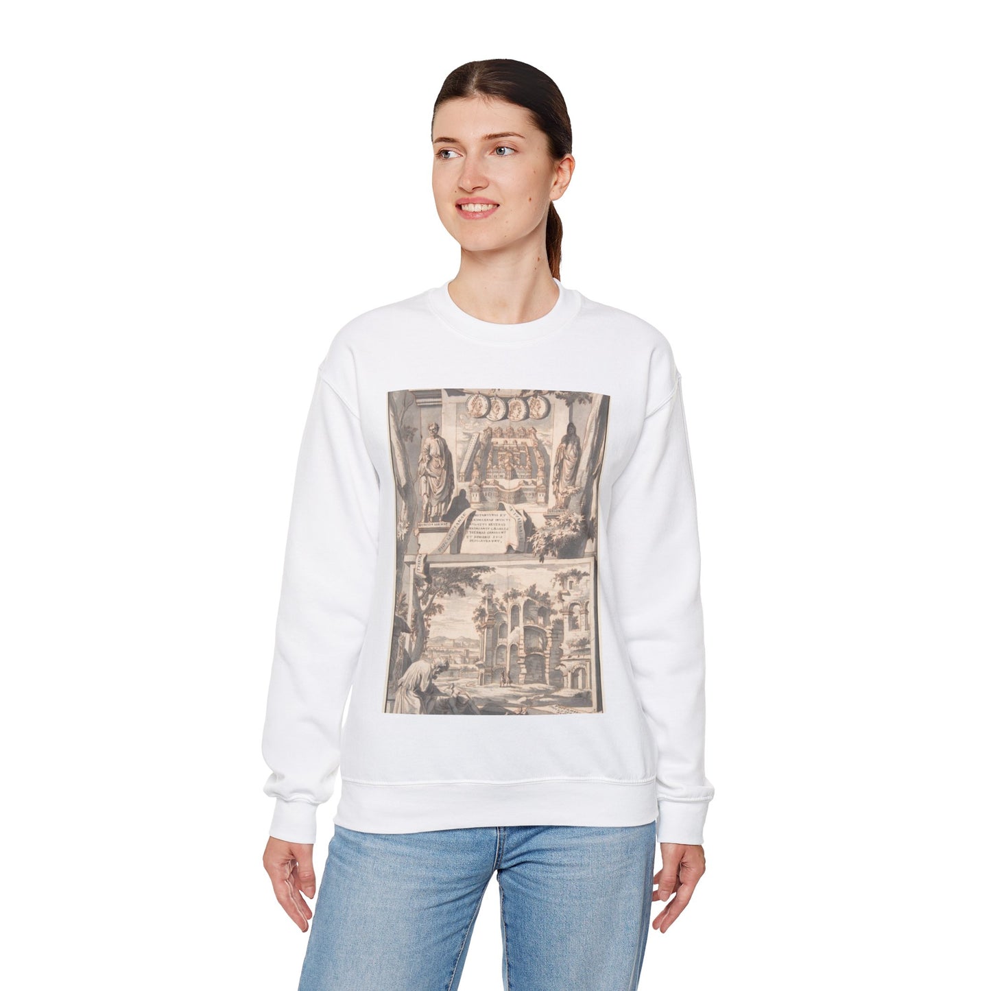 A Reconstruction of the Thermae of Diocletian (above) and a View of the Ruins (below) White Heavy Blend Adult Crew Neck SweatShirt