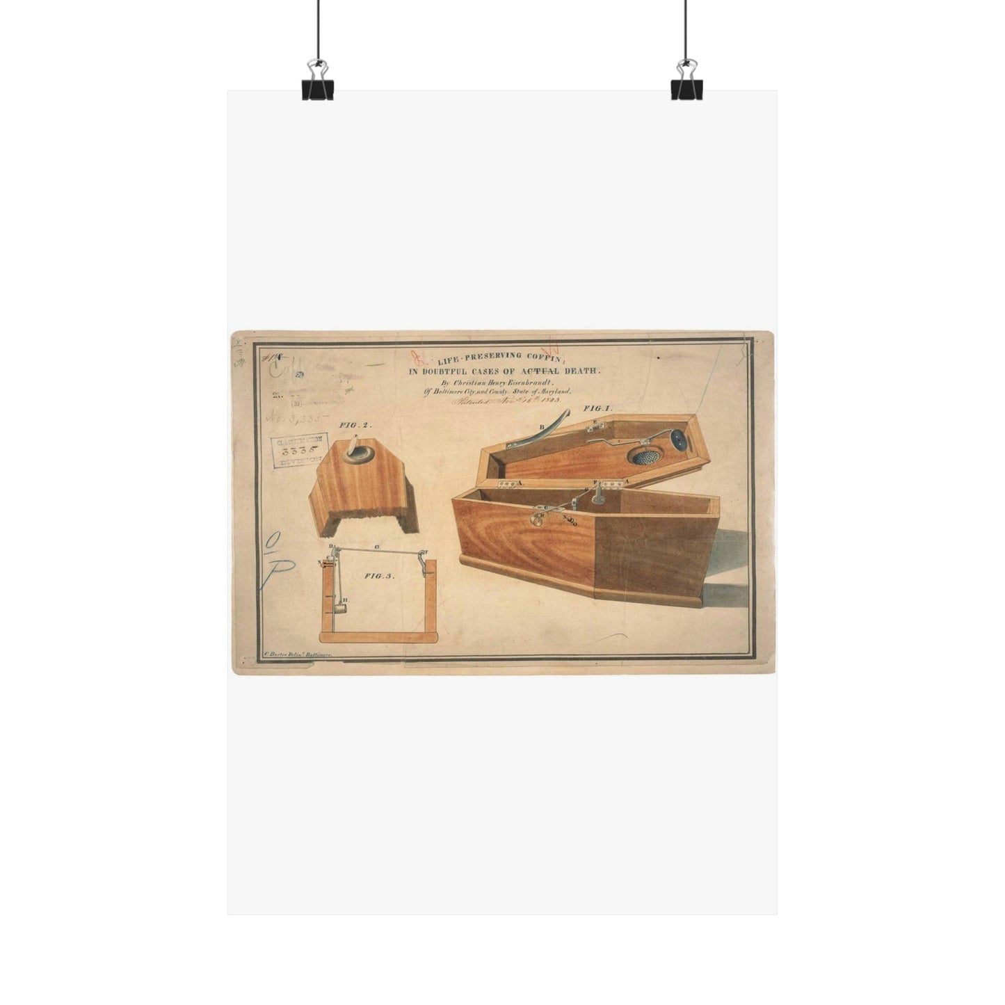 Patent drawing - Drawing for a Life - Preserving Coffin Public domain  image High Quality Matte Wall Art Poster for Home, Office, Classroom