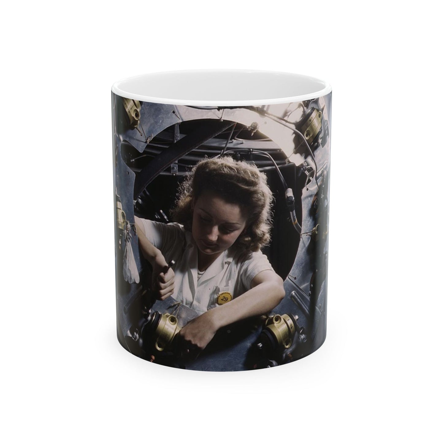 Part of the cowling for one of the motors for a B-25 bomber is assembled in the engine department of North American [Aviation, Inc.]'s Inglewood, Calif., plant Beautiful Novelty Ceramic Coffee Mug 11oz