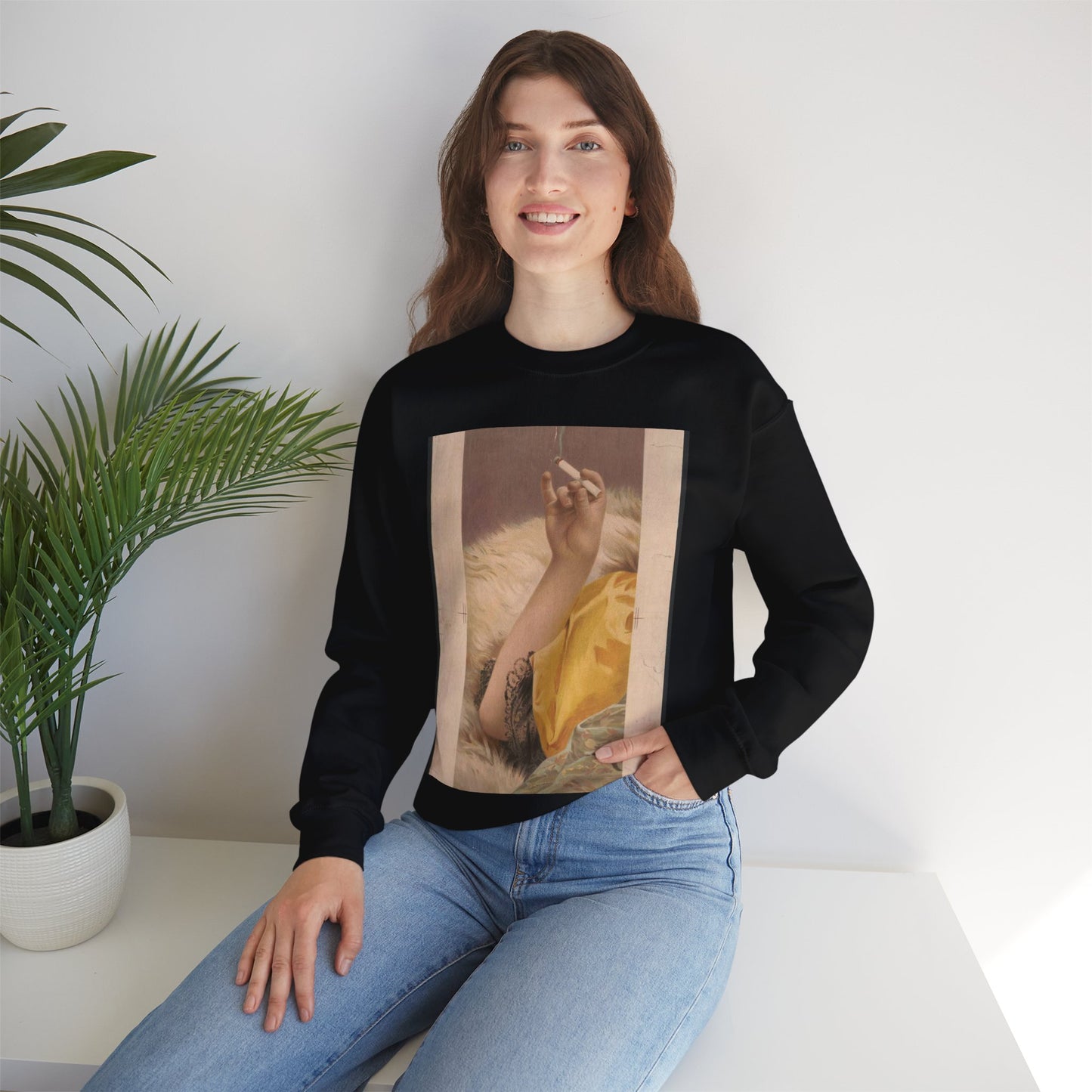 Arm of woman holding a lit cigarette Black Heavy Blend Adult Crew Neck SweatShirt
