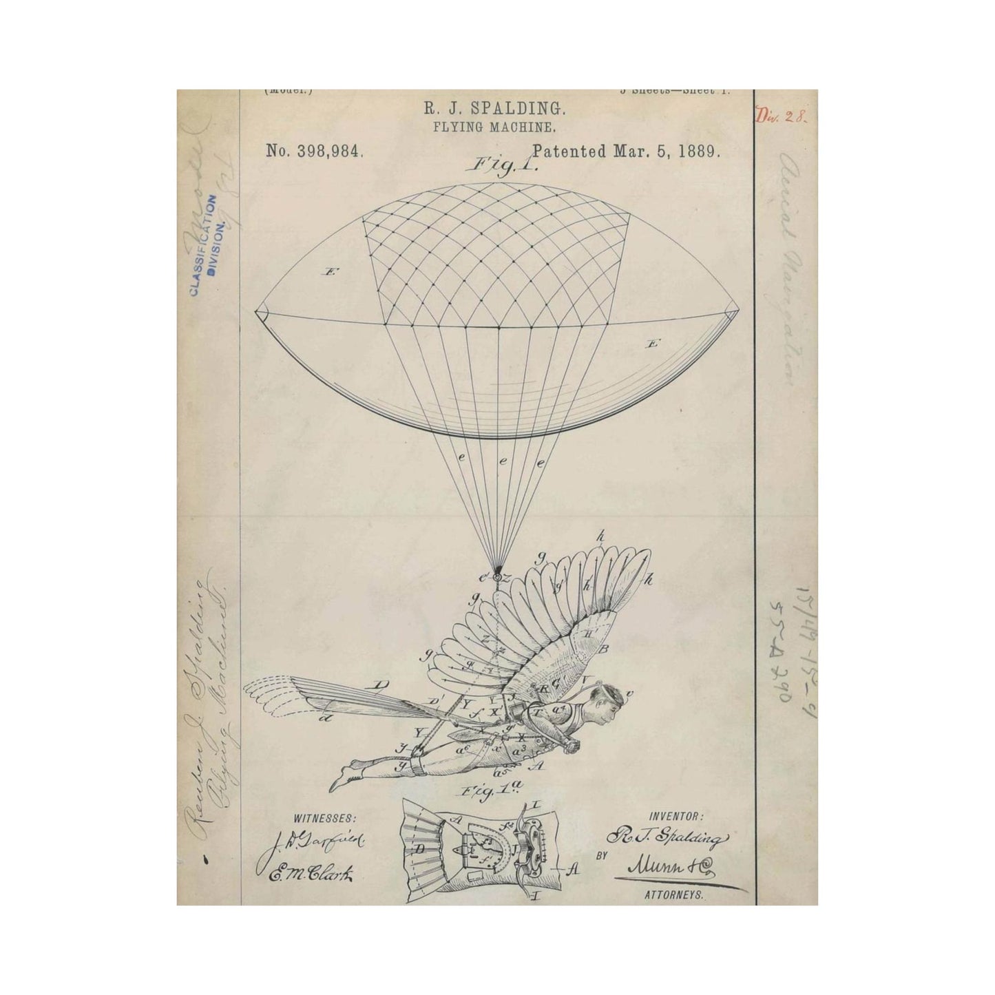 Patent drawing - for R. J. Spalding's Flying Machine Public domain  image High Quality Matte Wall Art Poster for Home, Office, Classroom