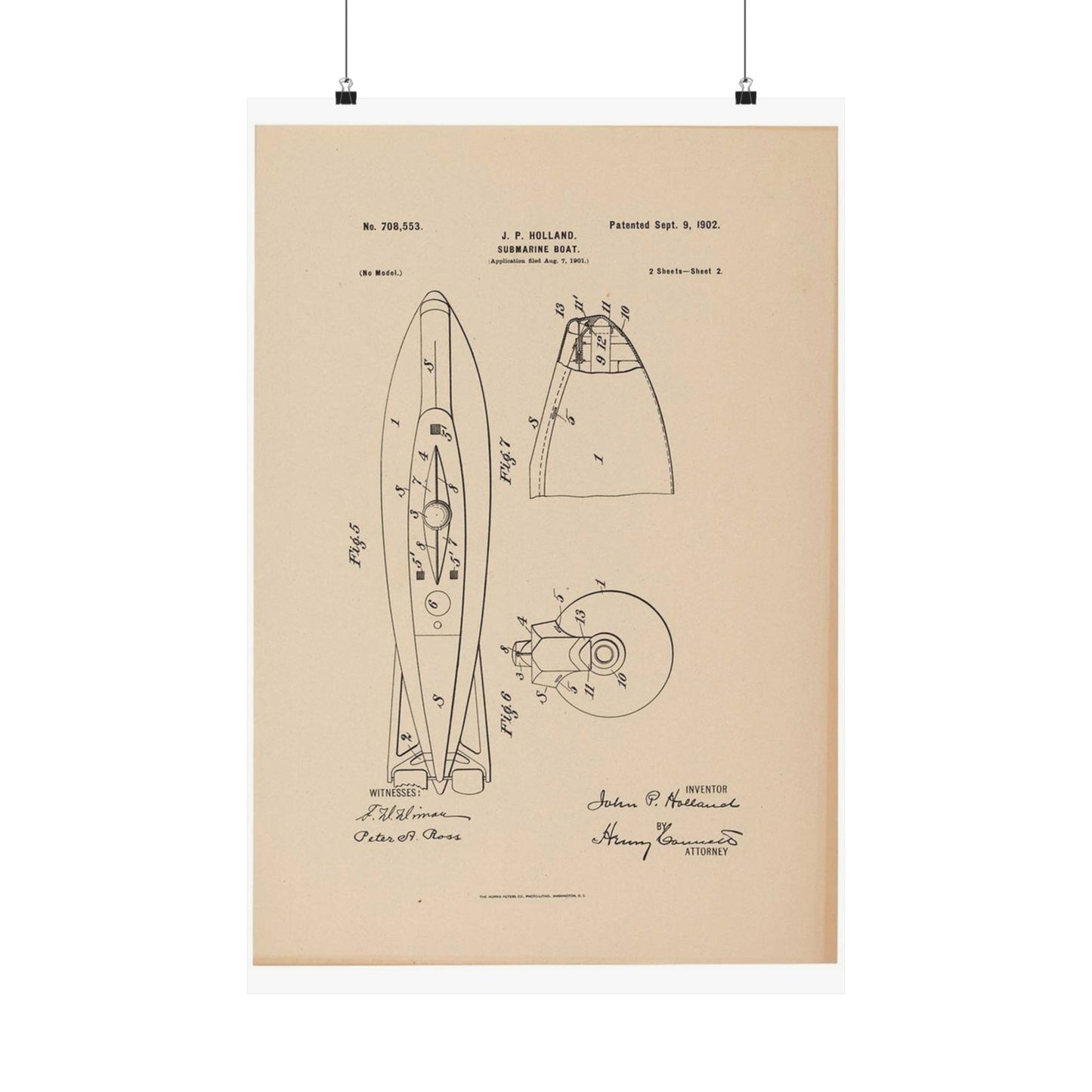 Patent drawing - Drawing for a Submarine Boat Public domain  image High Quality Matte Wall Art Poster for Home, Office, Classroom