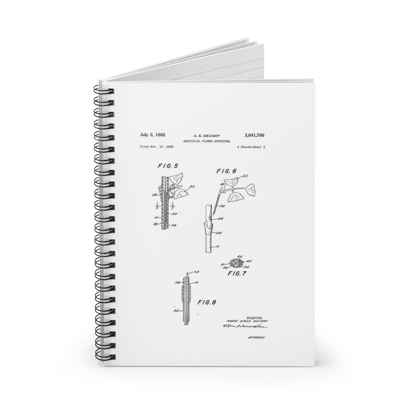 Patent Case File No. 3,041,766, Artificial Flower Structure, Inventor- Andre Emile Decamp. - DPLA - 5b42c14167aa06231801b6160e85e41a (page 8) Spiral Bound Ruled Notebook with Printed Cover