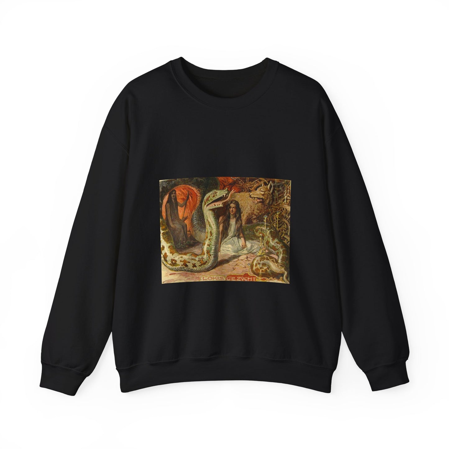 Lokis Gezücht - A painting of a woman sitting in front of a snake Black Heavy Blend Adult Crew Neck SweatShirt