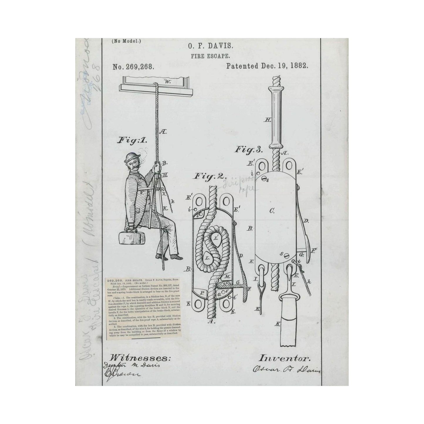 Patent Drawing of Engine - for O. F. Davis' Fire Escape Public domain  image High Quality Matte Wall Art Poster for Home, Office, Classroom