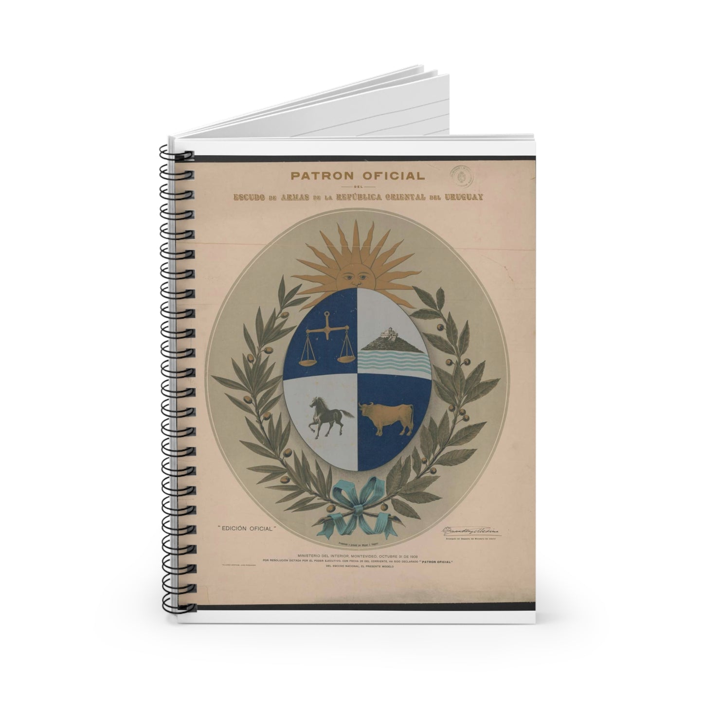 Patron oficial del escudo de armas de la Republica Oriental del Uruguay Spiral Bound Ruled Notebook with Printed Cover