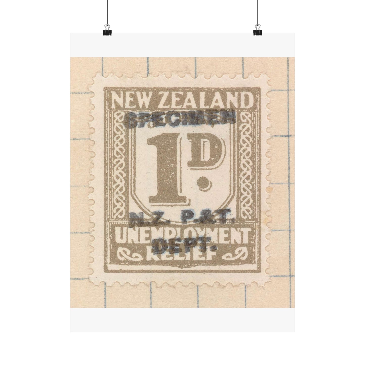 One penny Unemployment Relief stamp overprinted 'Specimen' High Quality Matte Wall Art Poster for Home, Office, Classroom