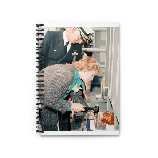 Mrs. E. Meese and Captain (CAPT) R.H. Randall, supervisor of Shipbuilding, Conversion, and Repair, participate in the keel laying of the guided missile frigate Rodney M. Davis (FFG 60) Spiral Bound Ruled Notebook with Printed Cover