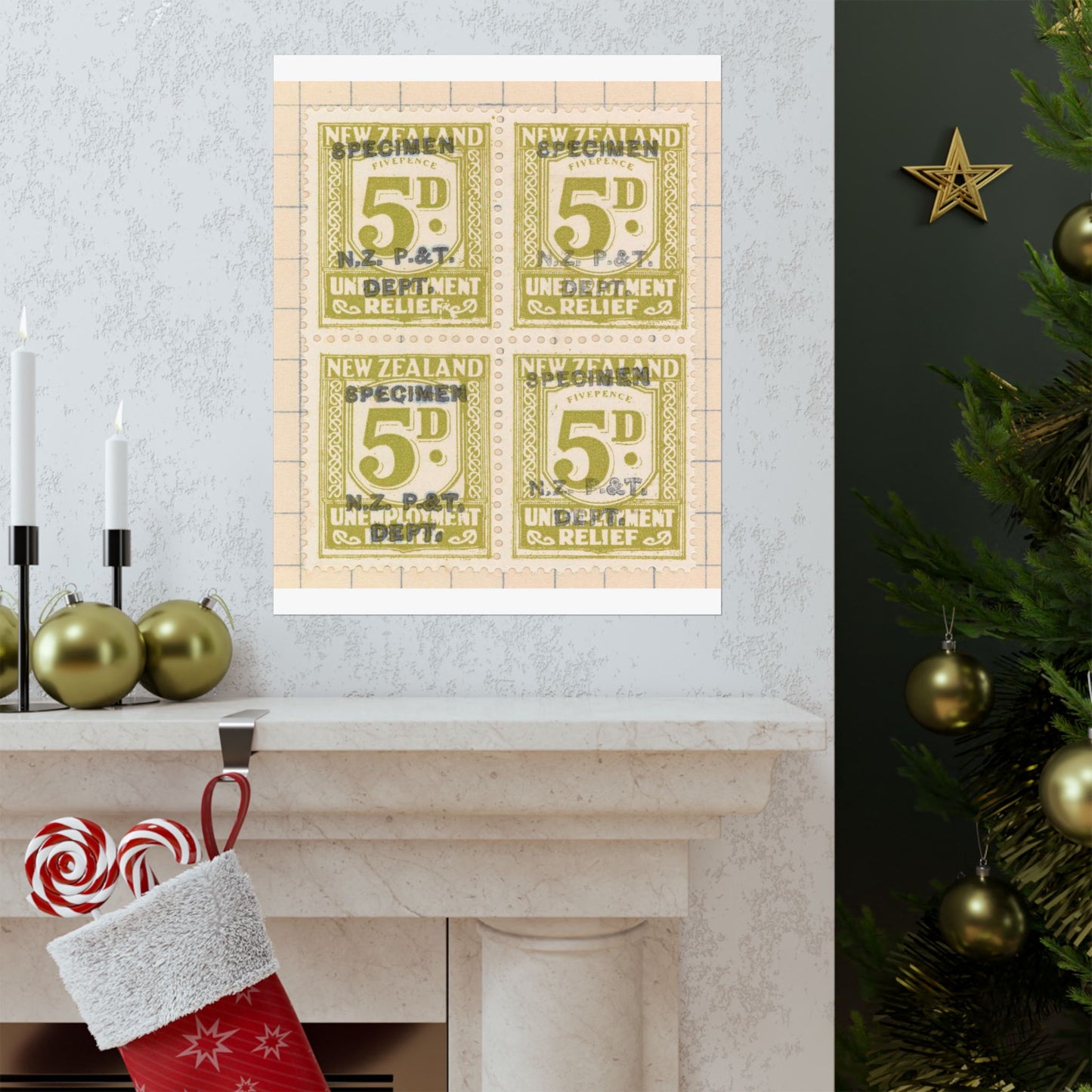 Block of five penny Unemployment Relief stamps overprinted 'Specimen' High Quality Matte Wall Art Poster for Home, Office, Classroom