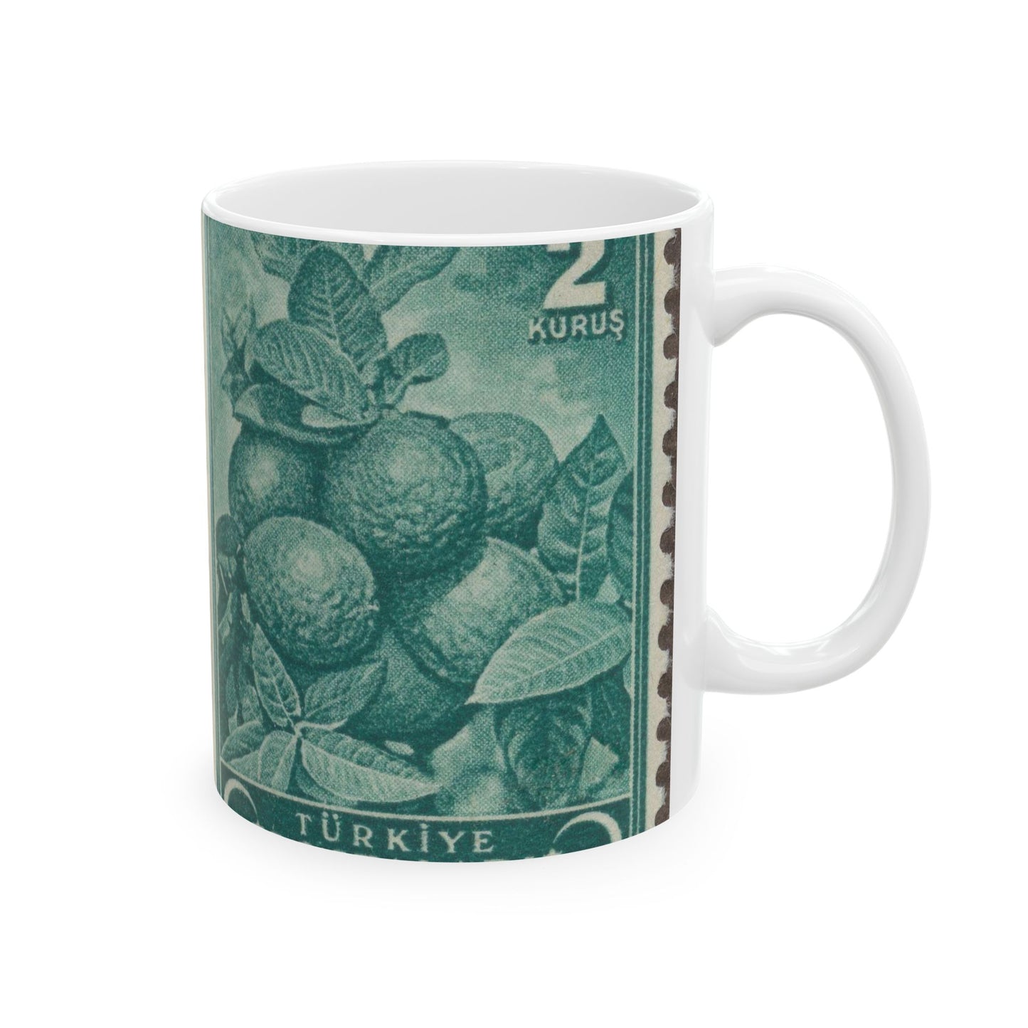 Frimärke ur Gösta Bodmans filatelistiska motivsamling, påbörjad 1950.Frimärke från Turkiet, 1942. Motiv av gren med apelsiner. Beautiful Novelty Ceramic Coffee Mug 11oz