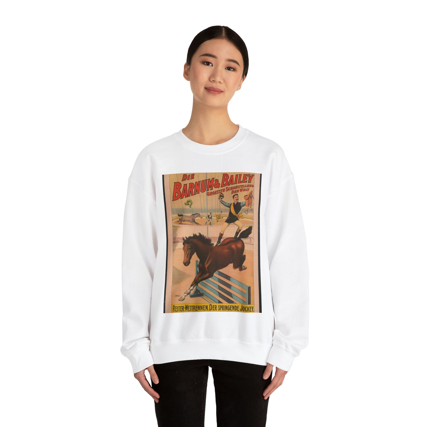 Die Barnum & Bailey groesste schaustellung der welt Reiter-wettrennen. Der Springende jockey.. White Heavy Blend Adult Crew Neck SweatShirt