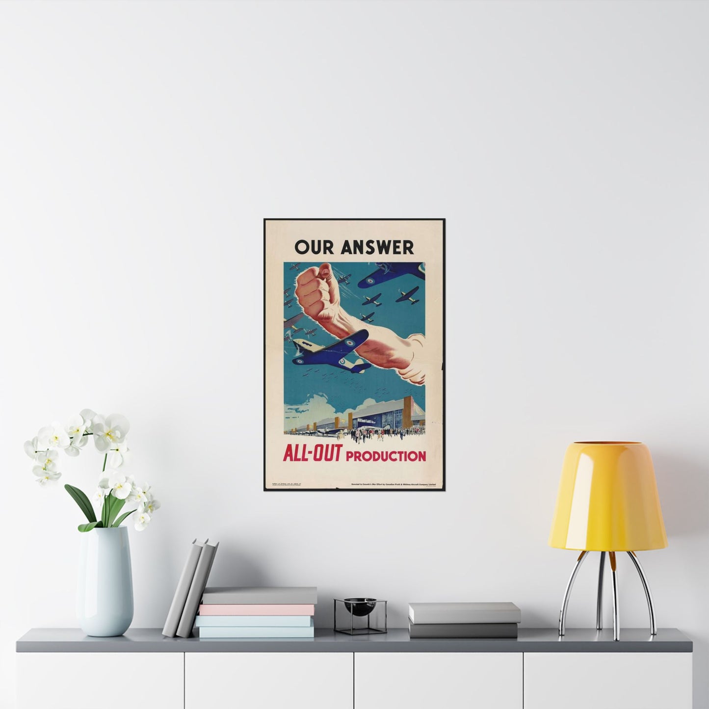 Our Answer All-Out Production, Canada, WWII Propaganda Poster High Quality Matte Wall Art Poster for Home, Office, Classroom