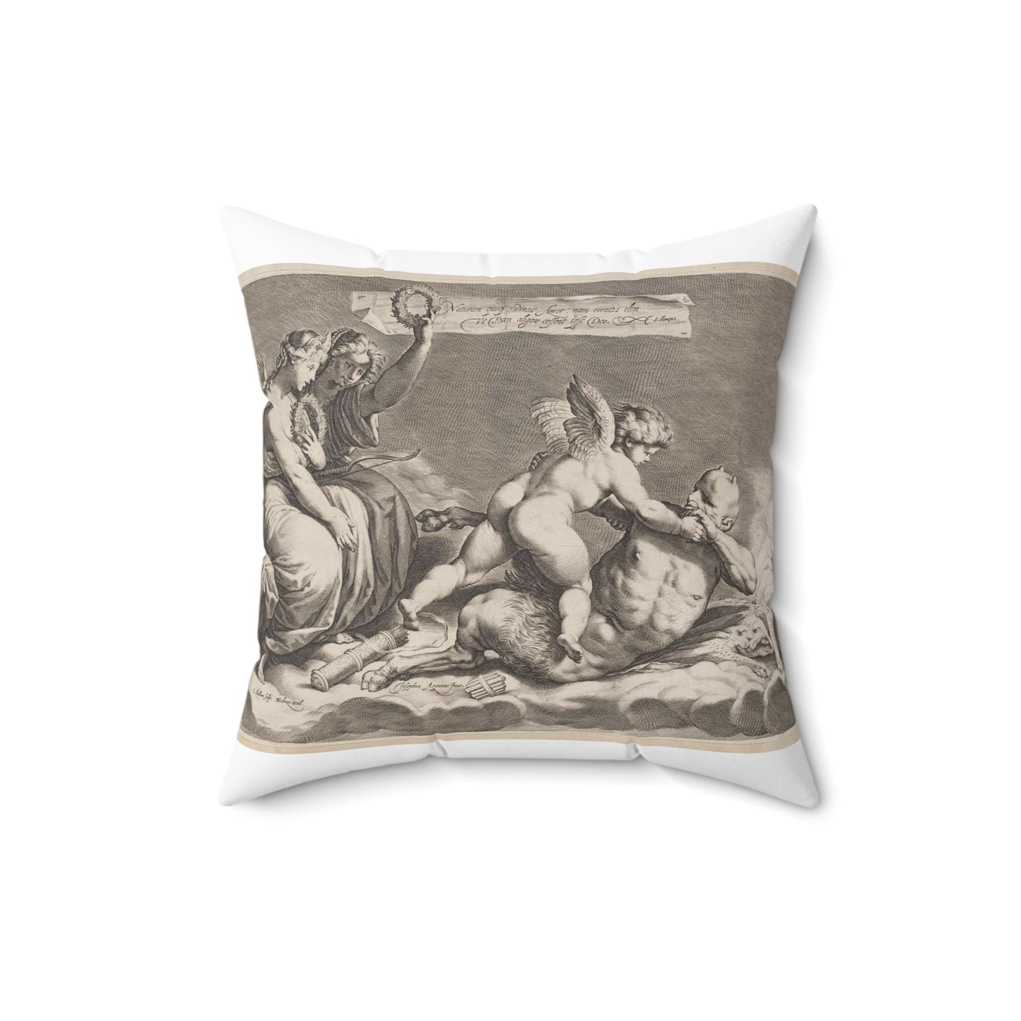 Cupid wrestling with Pan, amongst the clouds, with two allegorical women seated at left Decorative Accent Square Pillow