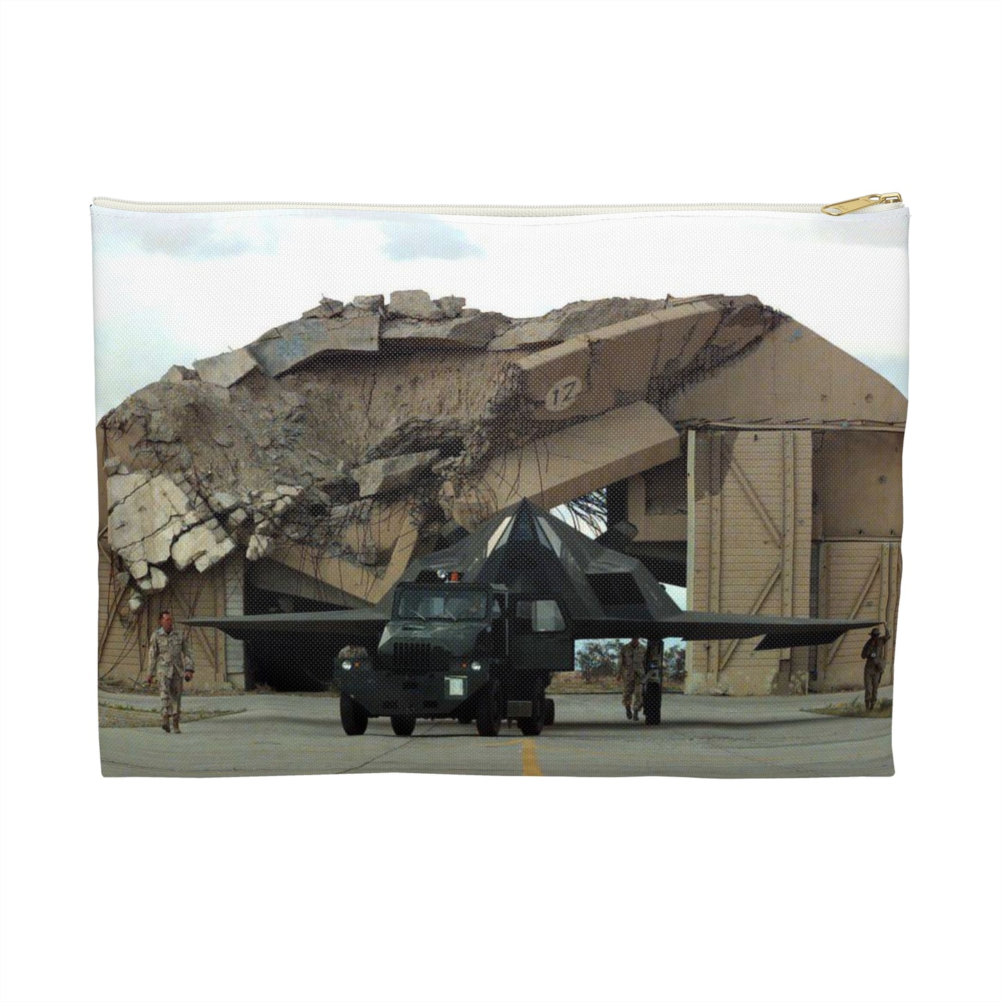 F-117A is towed in front of a destroyed aircraft shelter, Ahmed Al-Jaber Air Base, Kuwait, March 8, 1998 Large Organizer Pouch with Black Zipper
