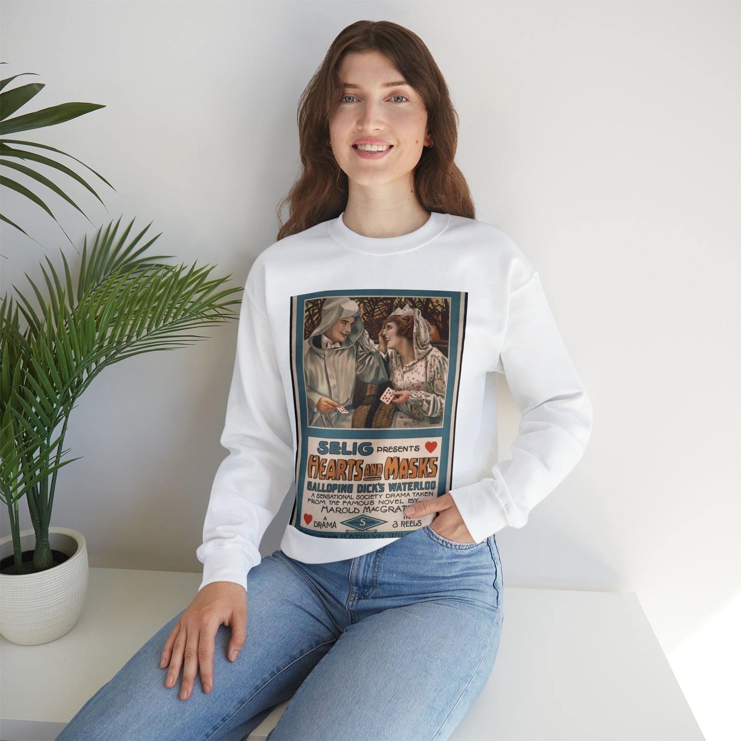 Selig presents hearts and masks Galloping Dick's waterloo, a sensational society drama taken from the famous novel by Harold MacGrath. White Heavy Blend Adult Crew Neck SweatShirt