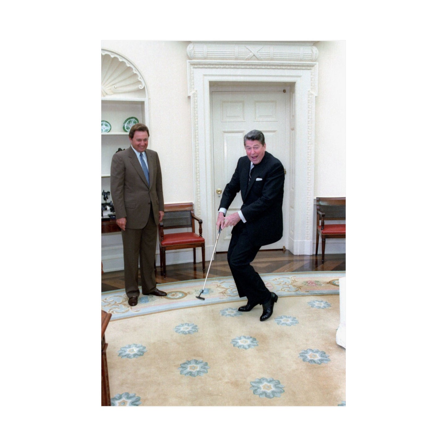President Ronald Reagan Putting a Golf Ball with Raymond Floyd Looking on in the Oval Office High Quality Matte Wall Art Poster for Home, Office, Classroom