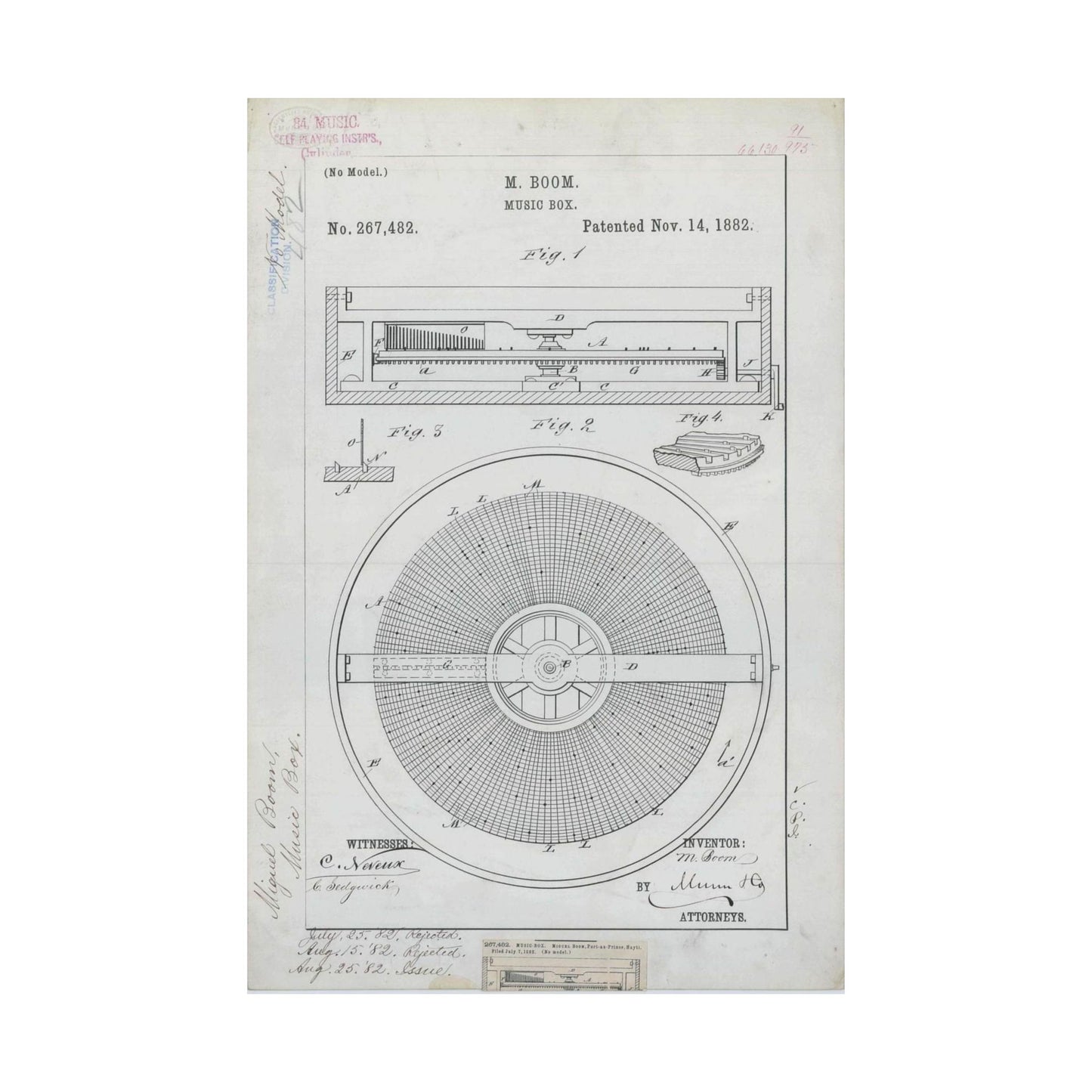 Patent Drawing of Engine - for M. Boom's Music Box Public domain  image High Quality Matte Wall Art Poster for Home, Office, Classroom