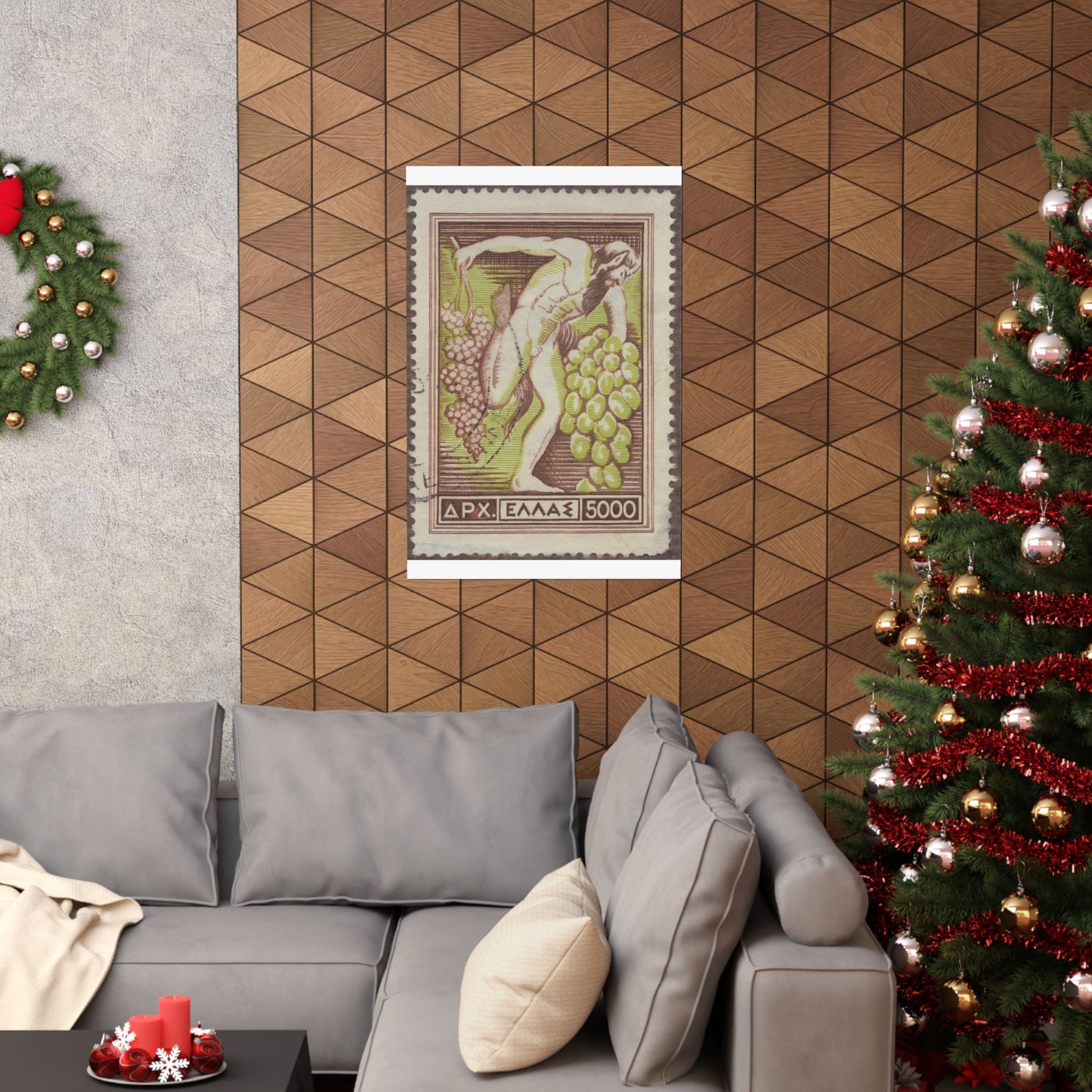 Frimärke ur Gösta Bodmans filatelistiska motivsamling, påbörjad 1950.Frimärke från Grekland, 1953. Motiv av Bacchus med vindruvsklasar. High Quality Matte Wall Art Poster for Home, Office, Classroom