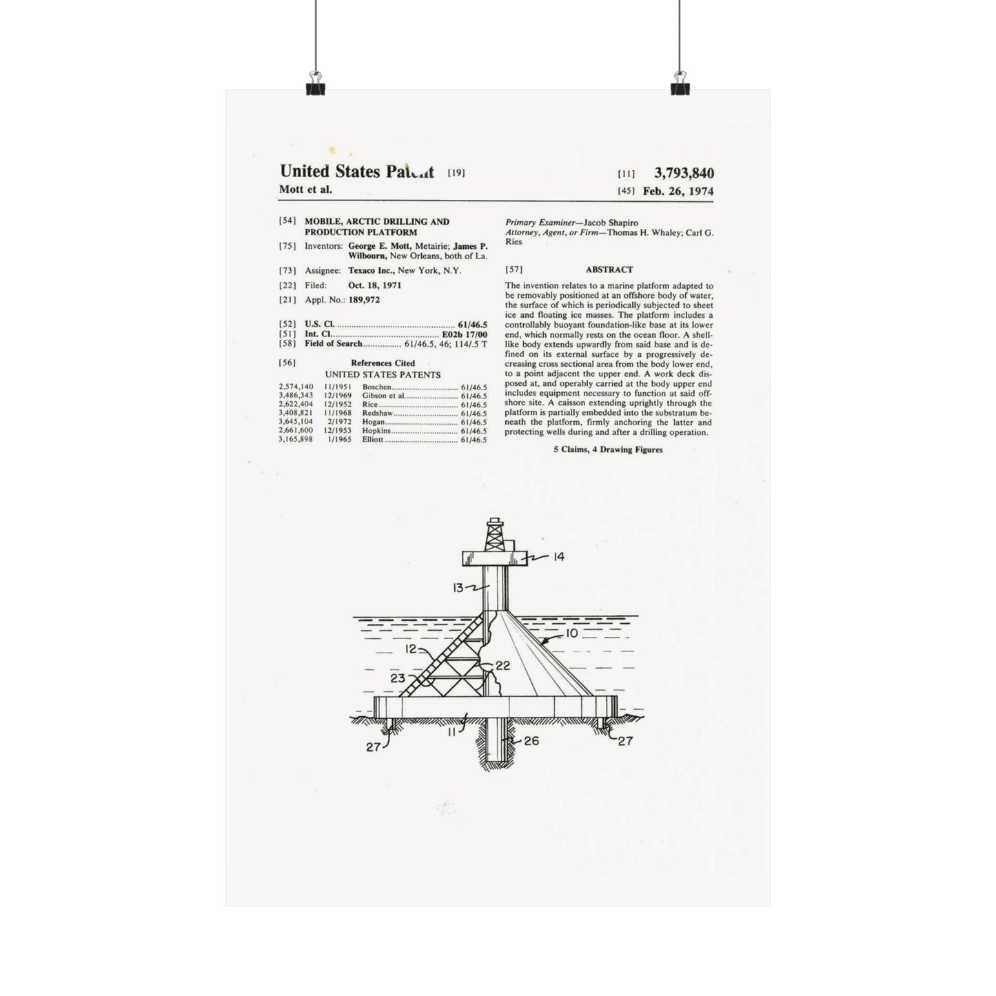 Patent Case File No. 3,793,840, Mobile Arctic Drilling and Production Platform, Inventor(s)- George E. Mott and James P. Wilbourn. - DPLA - 8f260bf2cd8926afbf4da017454f39b3 (page 6) High Quality Matte Wall Art Poster for Home, Office, Classroom