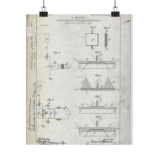 Patent drawing - for G. Marconi's Apparatus for Wireless Telegraphy Public domain  image High Quality Matte Wall Art Poster for Home, Office, Classroom