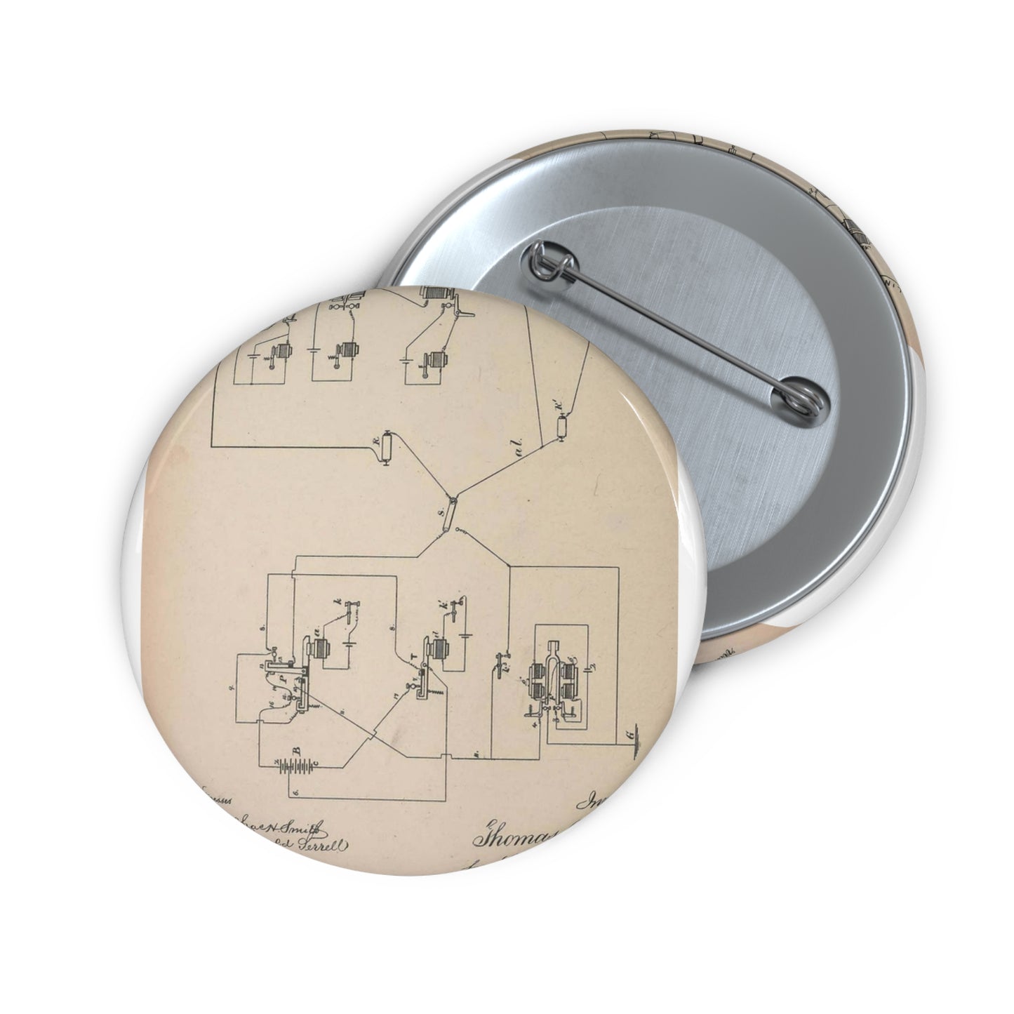 Patent Drawing of Engine - Collection of United States patents granted to Thomas A. Edison, 1869-1884 (1869) (14756348232) Public domain  image Pin Buttons with Crisp Design