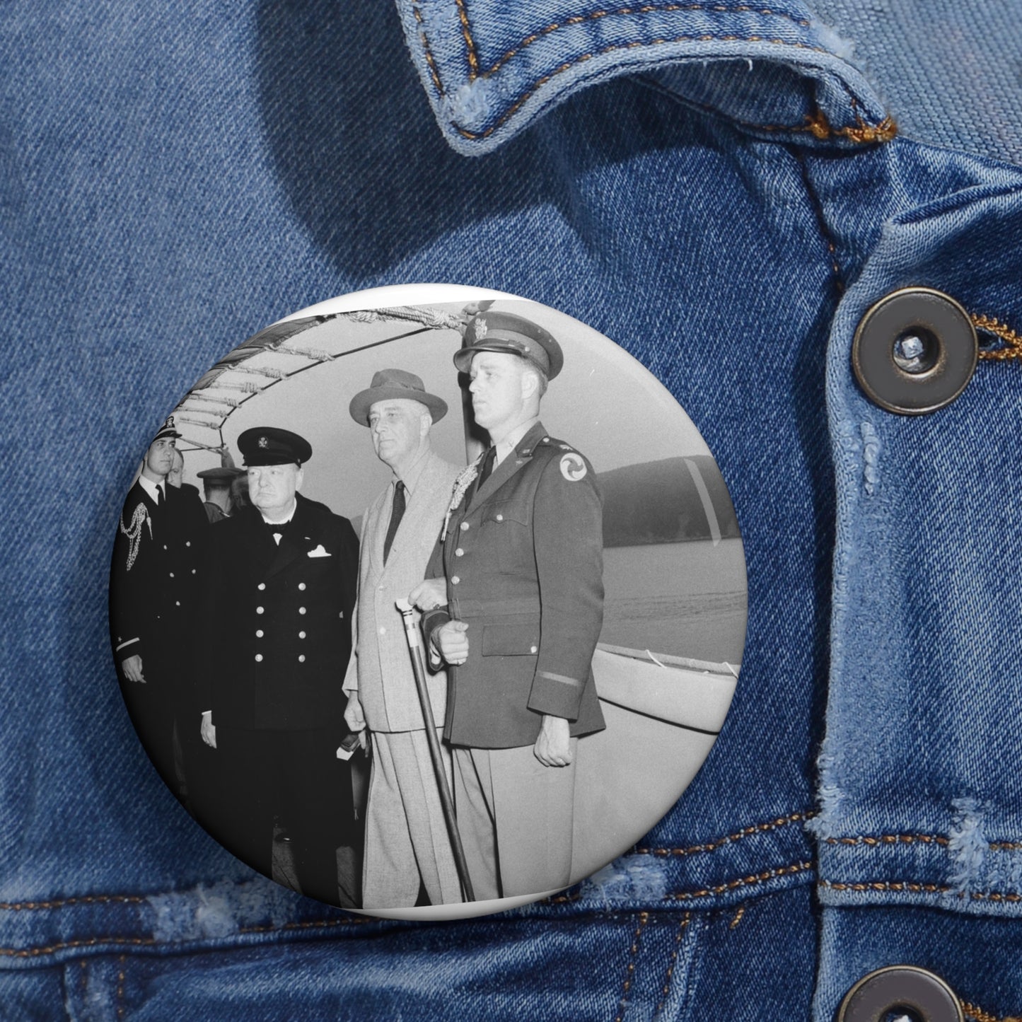 Winston Churchill with Franklin D. Roosevelt on board USS Augusta (CA-31) on 9 August 1941 (NH 67201) Pin Buttons with Crisp Design