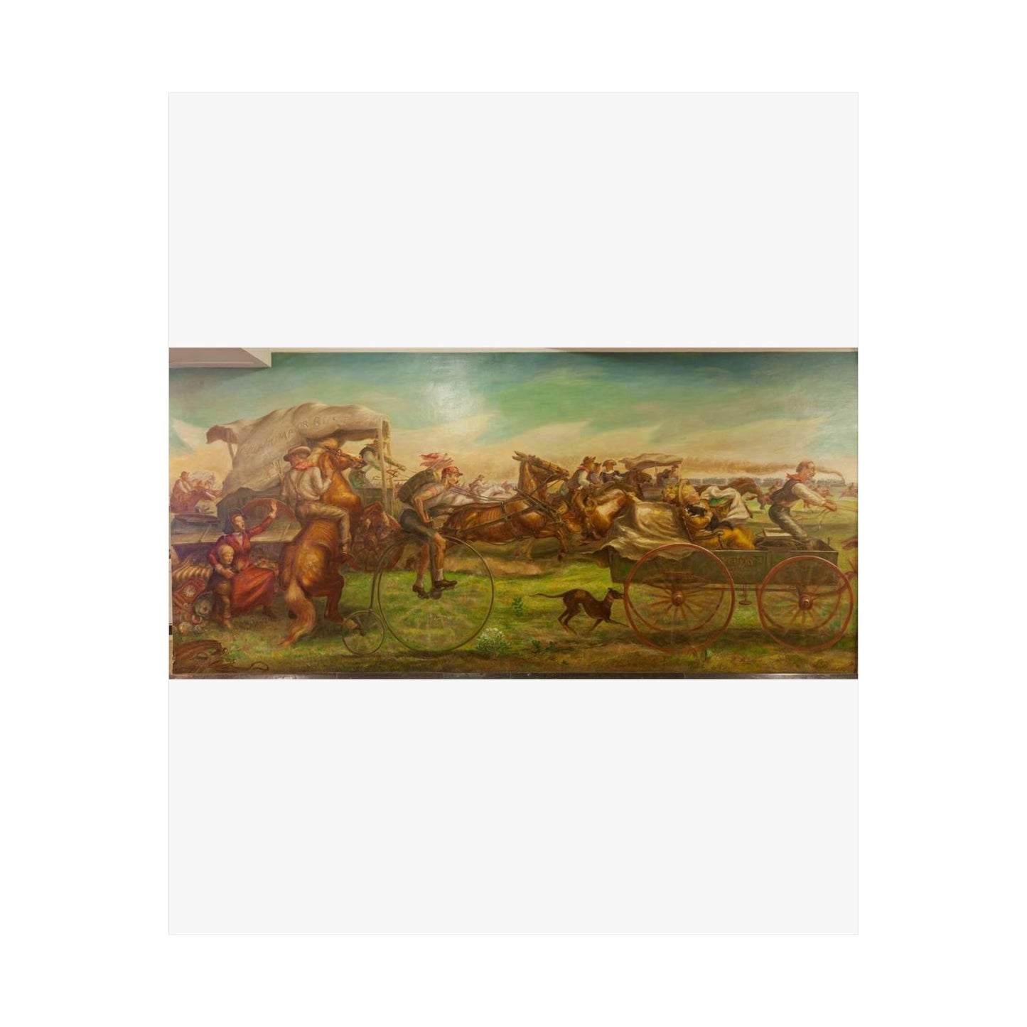 Mural: The Oklahoma Land Rush, April 22, 1889, by John Steuart Curry at the Department of Interior, Washington, D.C. High Quality Matte Wall Art Poster for Home, Office, Classroom