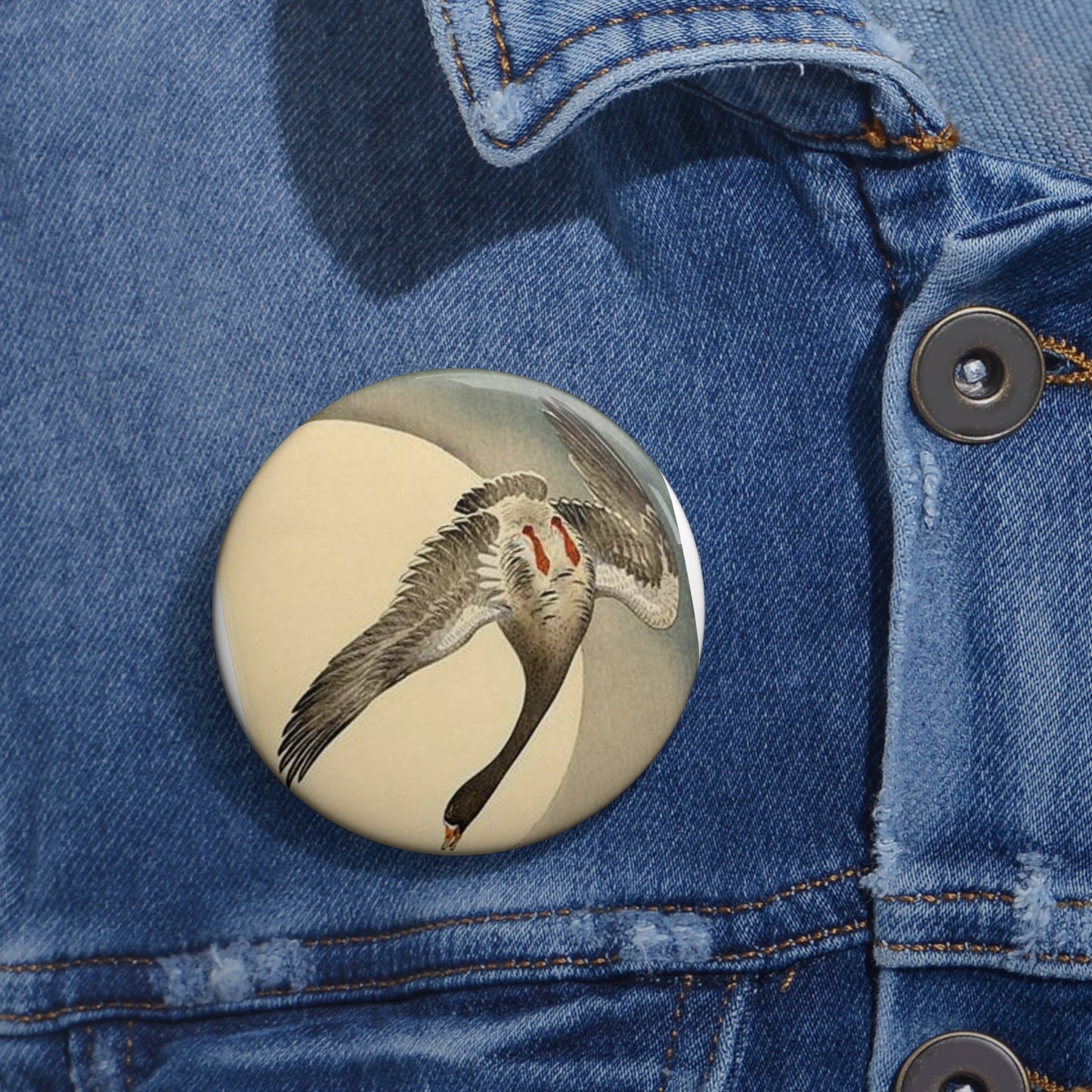 Koson - flying-white-fronted-goose-seen-from-underneath-in-front-of-the-moon Pin Buttons with Crisp Design