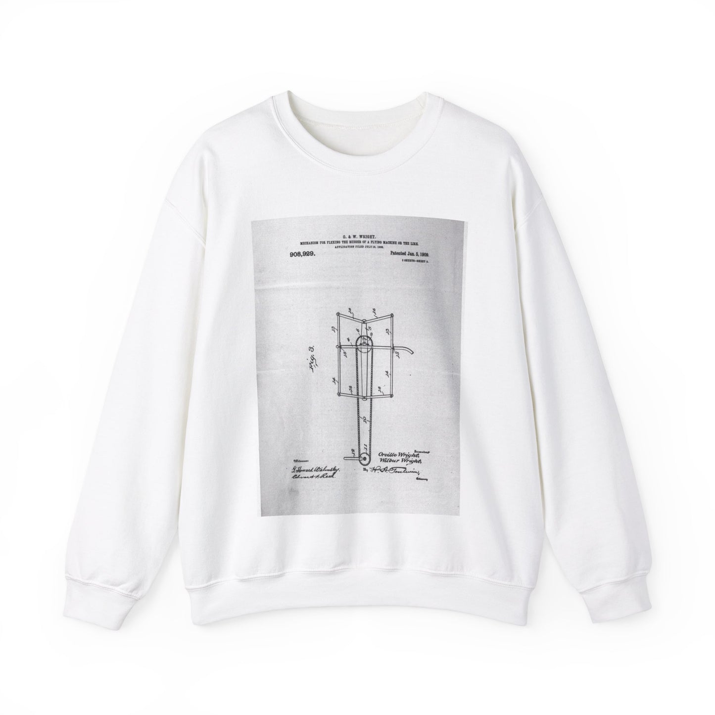 Patent drawing - Subject File:  Patents--By Wright Brothers--USA--filed 15 July 1908, patented 5 January 1909 Public domain  image White Heavy Blend Adult Crew Neck SweatShirt