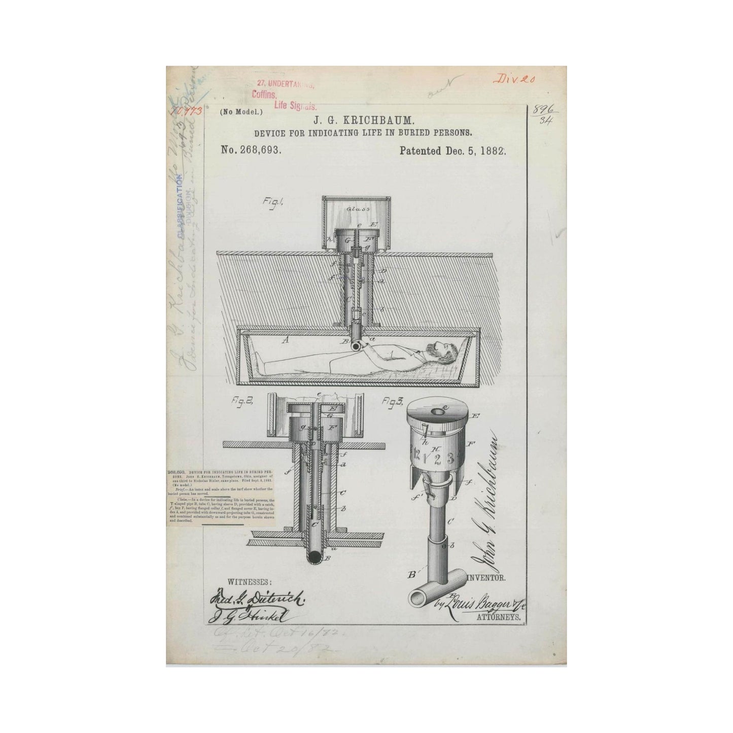 Patent drawing - for J. G. Krichbaum's Device for Indicating Life in Buried Persons Public domain  image High Quality Matte Wall Art Poster for Home, Office, Classroom