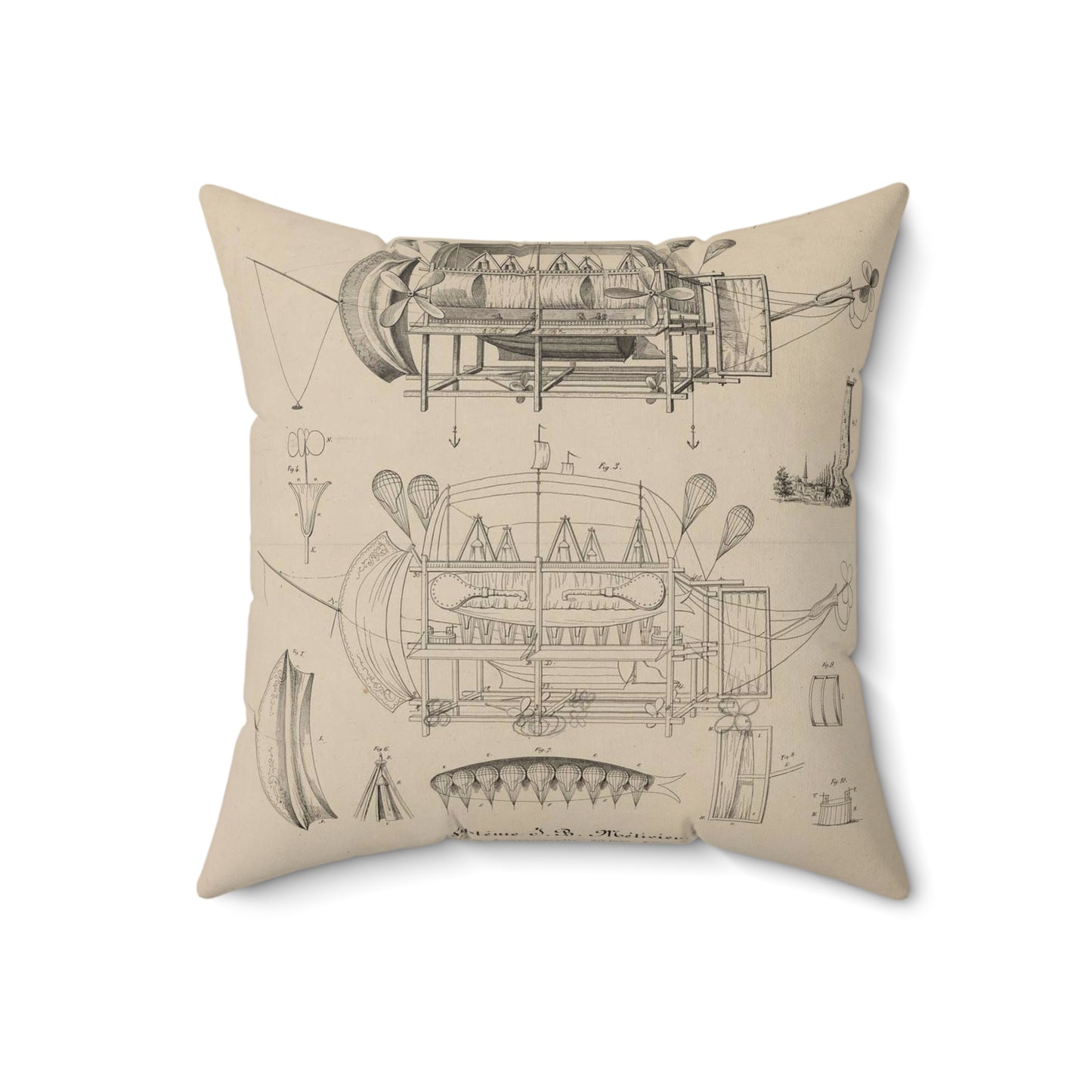 Patent drawing - Navire aérien dirigeable. Systême J.B. Métivier, force ascensionnelle 90,000 kos. Public domain  image Decorative Accent Square Pillow