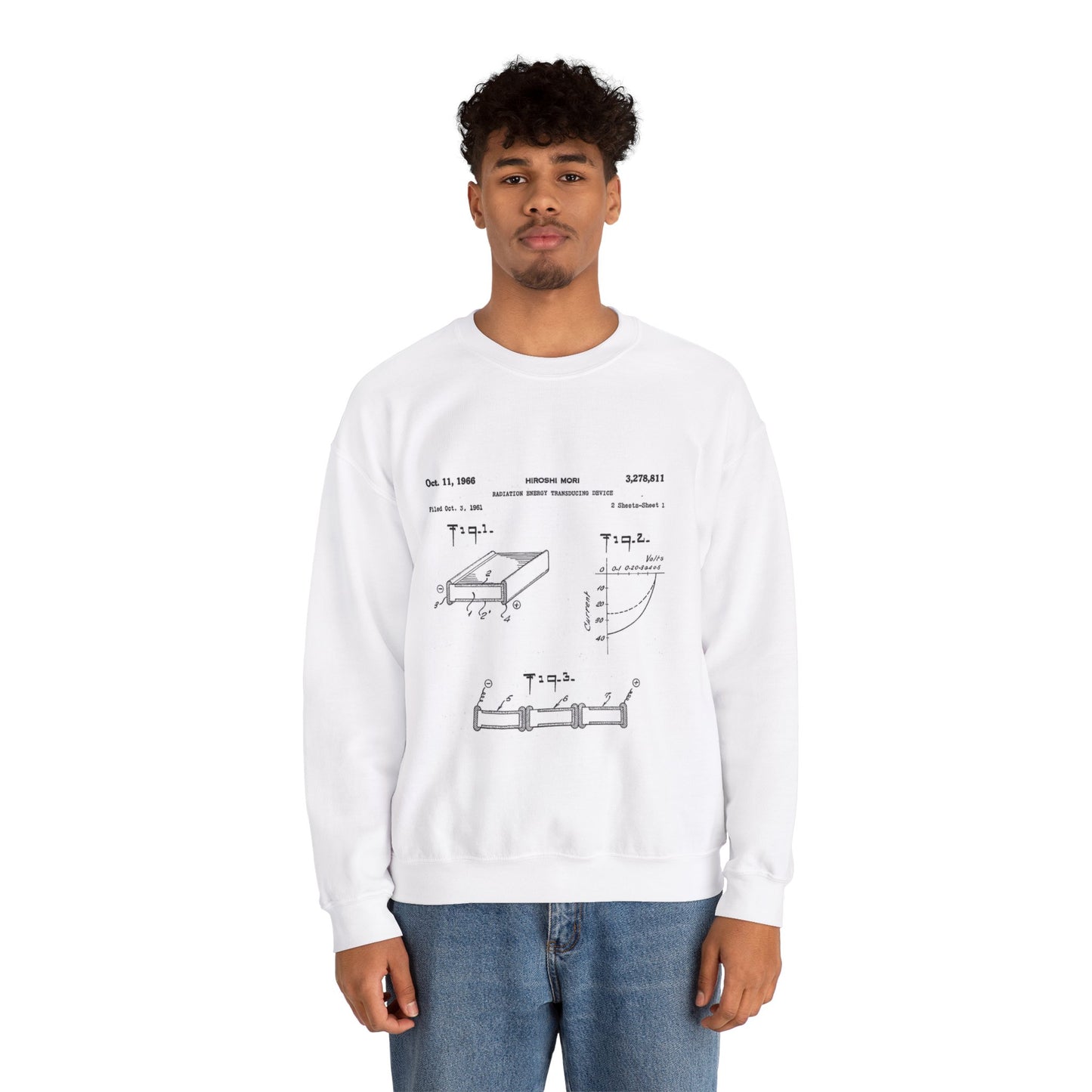 Patent drawing - Hiroshi Mori's first patented bifacial solar cell (1961) Public domain  image White Heavy Blend Adult Crew Neck SweatShirt