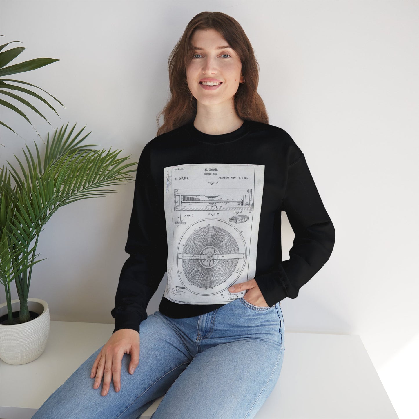 Patent Drawing of Engine - for M. Boom's Music Box Public domain  image Black Heavy Blend Adult Crew Neck SweatShirt