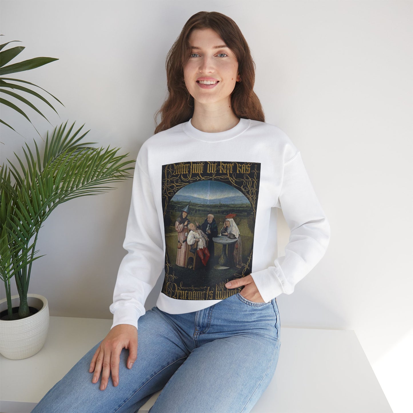 Hieronymus Bosch 053 - A painting of a group of people sitting around a table White Heavy Blend Adult Crew Neck SweatShirt