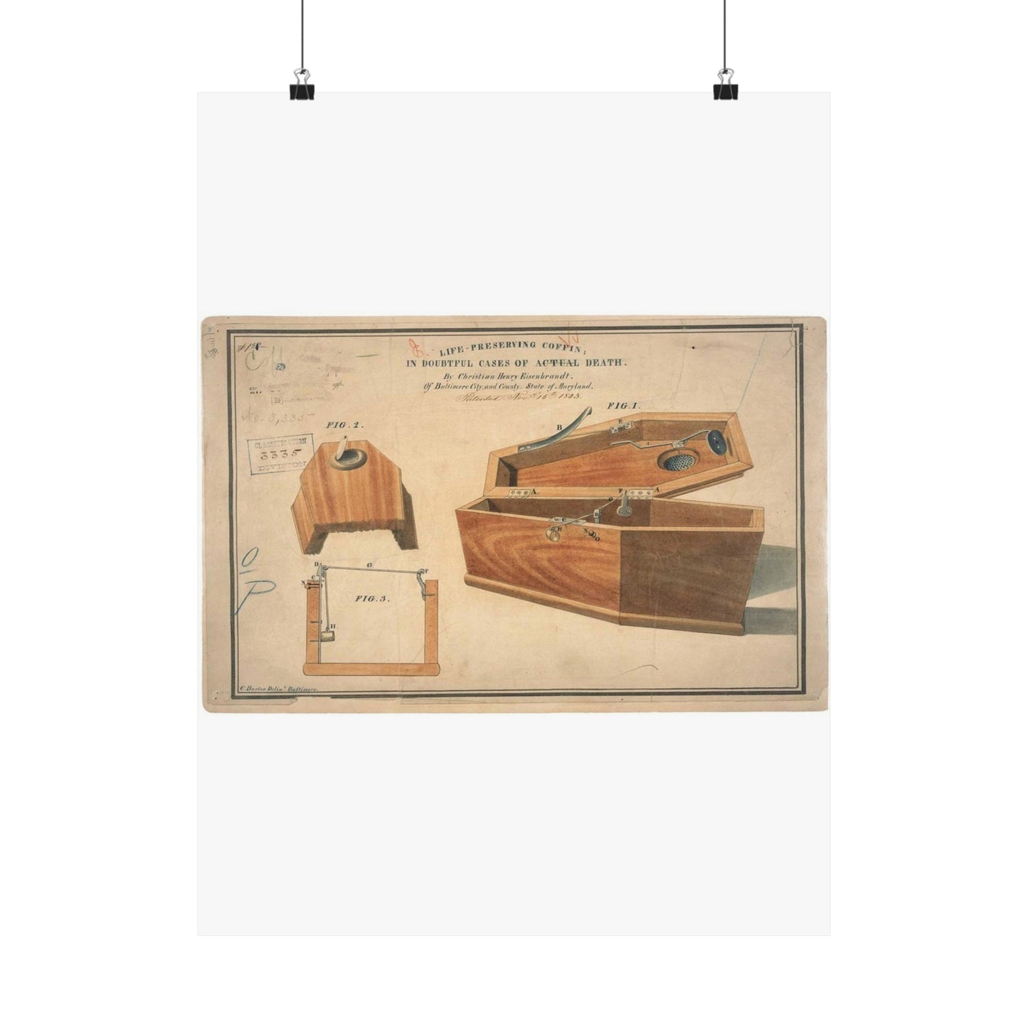 Patent drawing - Drawing for a Life - Preserving Coffin Public domain  image High Quality Matte Wall Art Poster for Home, Office, Classroom