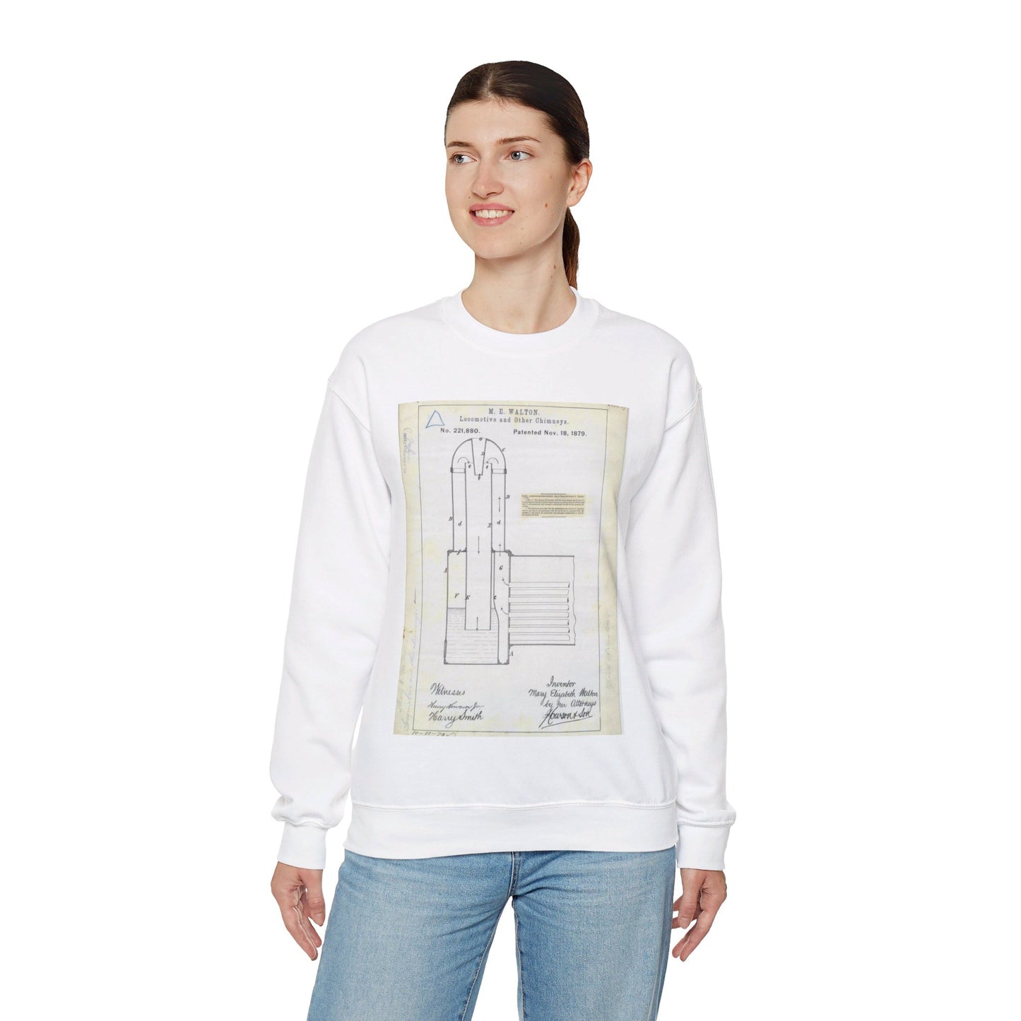 Patent Drawing of Engine - for M. E. Walton's Locomotive and Other Chimneys Public domain  image White Heavy Blend Adult Crew Neck SweatShirt