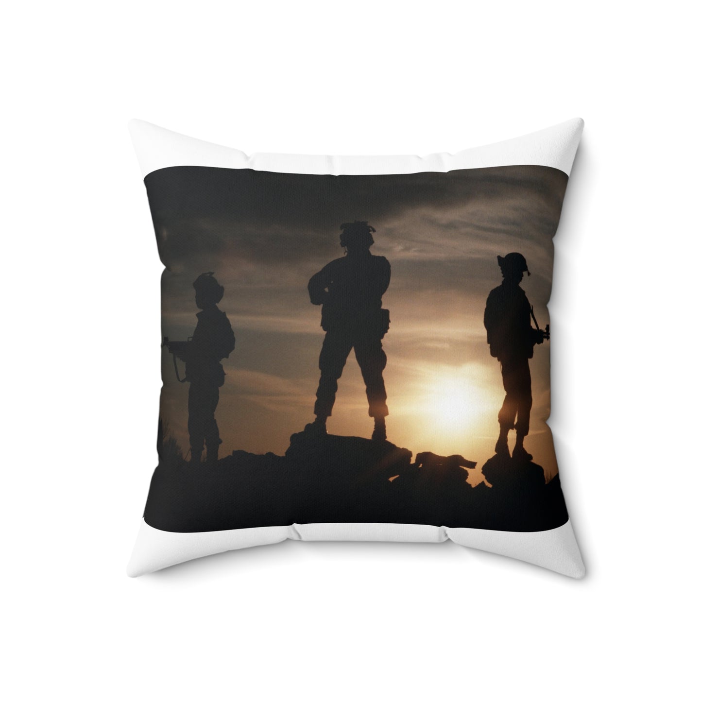 Members of the 63rd Security Police Squadron are silhouetted by the setting sun during the combat-readiness Exercise VOLANT SCORPION 87 Decorative Accent Square Pillow