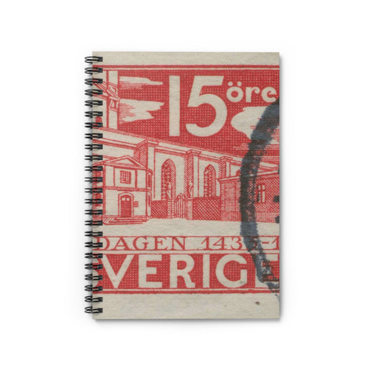 Frimärke ur Gösta Bodmans filatelistiska motivsamling, påbörjad 1950.Frimärke från Sverige. Motiv av Storkyrkan i Stockholm. "Den svenska riksdagen 500 år 1435-1935". Spiral Bound Ruled Notebook with Printed Cover