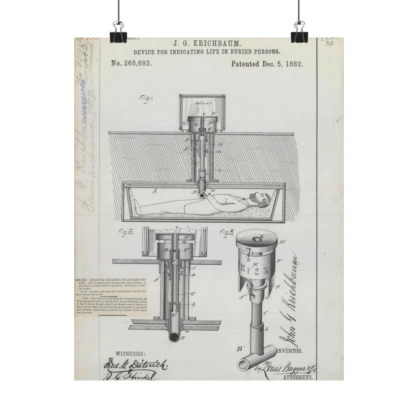 Patent drawing - for J. G. Krichbaum's Device for Indicating Life in Buried Persons Public domain  image High Quality Matte Wall Art Poster for Home, Office, Classroom